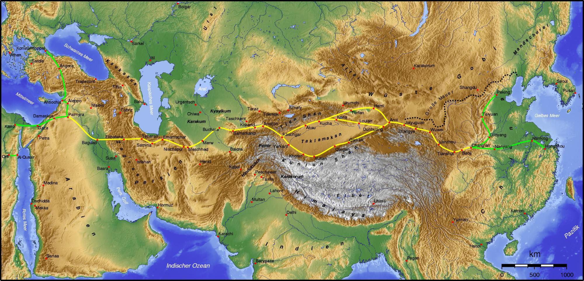 Verlauf der Seidenstraße zwischen Europa und dem Nahen Osten einerseits und Ostasien andererseits