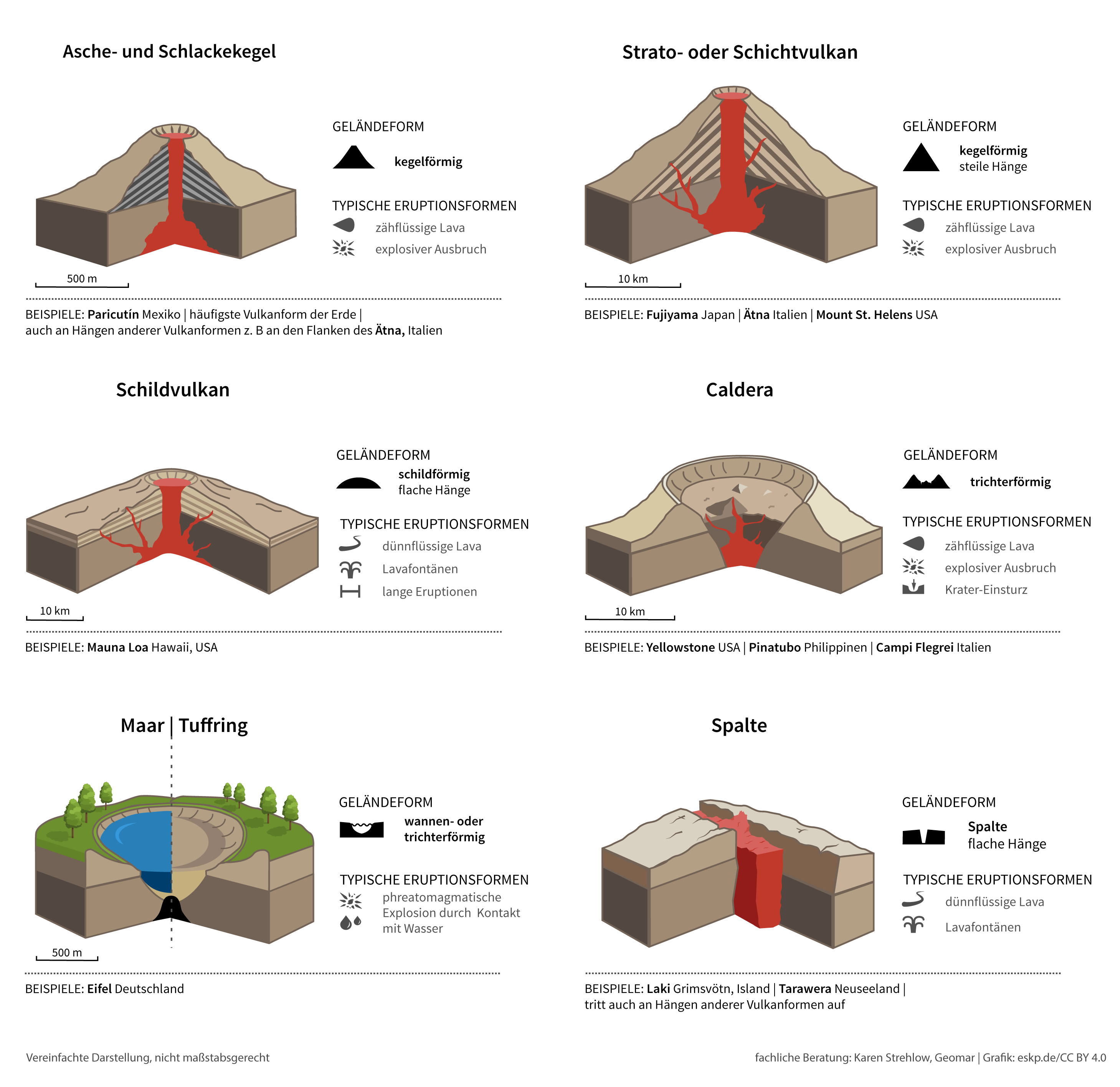 sechs Schemazeichnungen von Vulkantypen, darunter Schlackenkegel und Maar